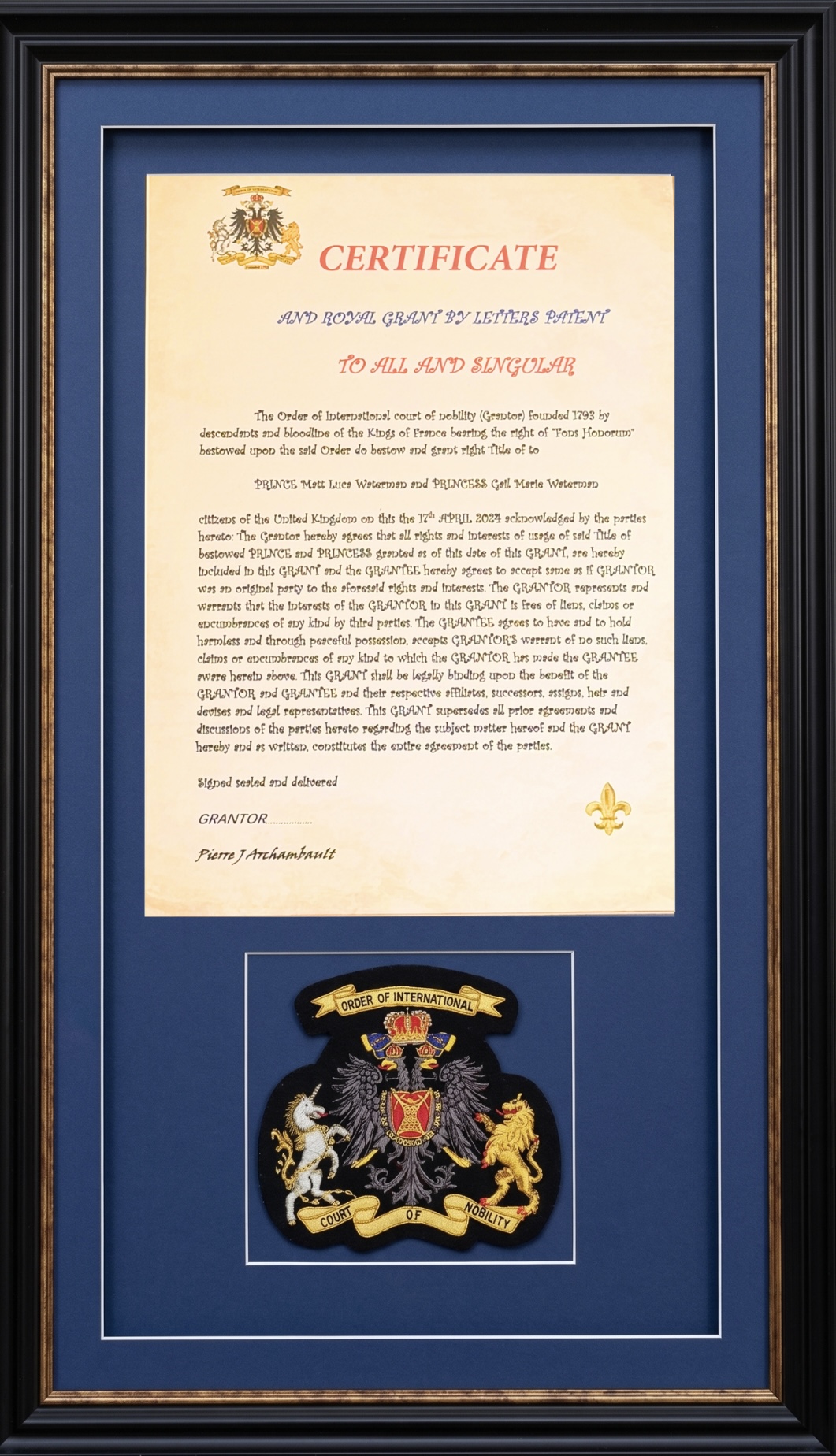 Royal Grant Certificate by Letters Patent — HRH Prince Matt Luca Waterman & HRH Princess Gail Marie Waterman, International Court of Nobility, 17 April 2024